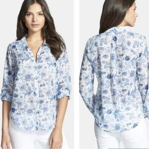 Joie Katrine Silk Blend Blue And White Floral Button-Down Print Blouse -Size XS